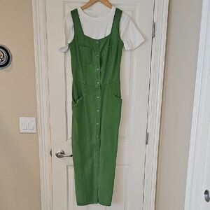 Green Button-Down Denim Dress with White Tee